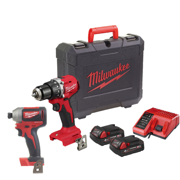 COMPACT BRUSHLESS PERCUSSION DRILL M18 BLPDRC-202C + COMPACT HAMMER DRILL CBLID -0  + 2 x 2.0AH BATTERY + CHARGER 12-18V