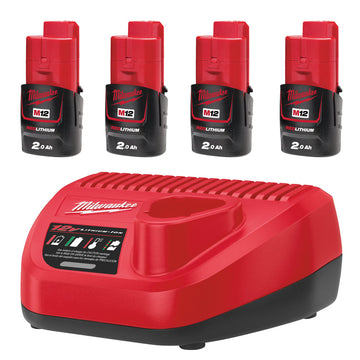 Milwaukee M12 Charger + 4× 2.0Ah Battery Multipack — Bundle 30
