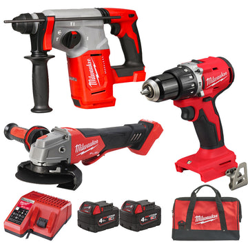 Milwaukee M18 3-Tool Combo Drill + Grinder + SDS Hammer 4.0Ah — Bundle 33