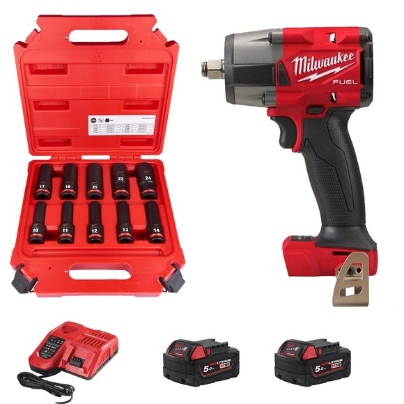 MID Impact Wrench M18 FMTIW2F12-0X + 2X 5.0 Ah battery M18 B5 + Hex socket ShW 1/2 deep set-10pc + M12 - M18 fast charger M12-18 FC