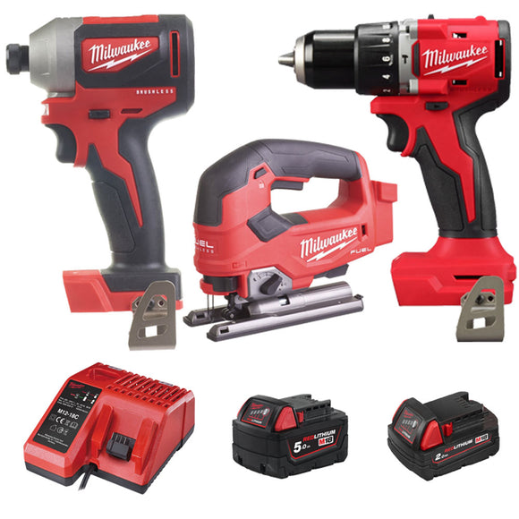FUEL top handle jigsaw M18 FJS-0X + COMPACT HAMMER DRILL M18BLPDRC-0C + COMPACT BRUSHLESS 1/4inch HEX IMPACT DRIVER M18 CBLID-0 + 2.0 AH BATTERY M18 B2 + 5.0 AH BATTERY M18 B5 + M12 - M18 charger M12-18 C
